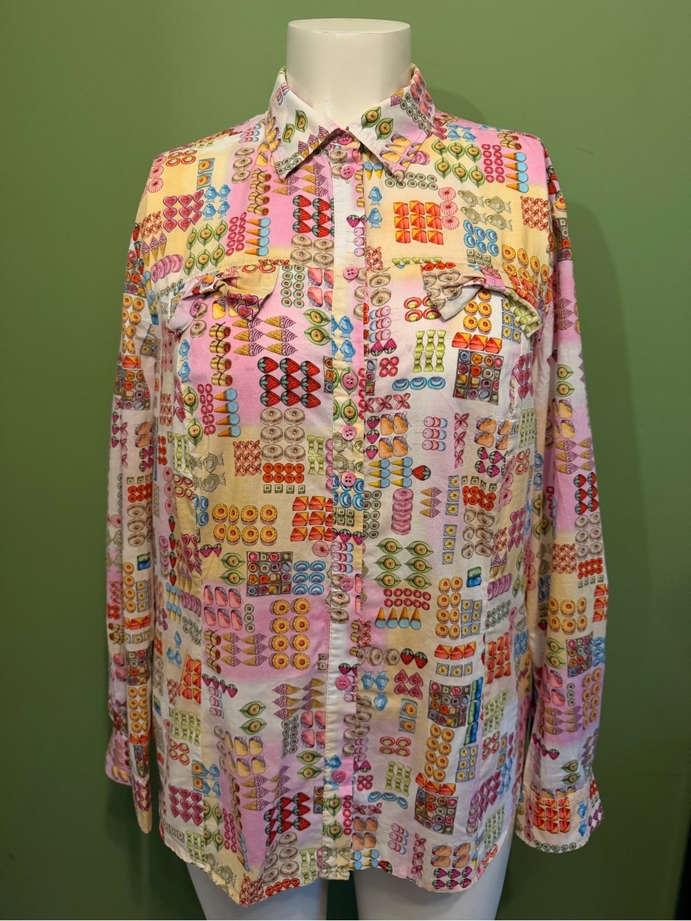 RIANI Colorful Geometric FOODS /dessert Print Button-Up Shirt